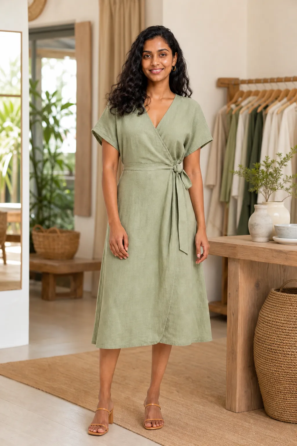 Palm & Thread Sage Linen Wrap Midi Dress — view 3